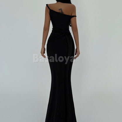ED0014 Elegant Black one Shoulder Mermaid Evening Dress with Side Overskirt