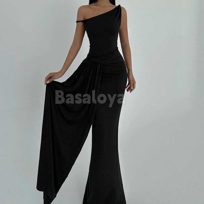 ED0014 Elegant Black one Shoulder Mermaid Evening Dress with Side Overskirt