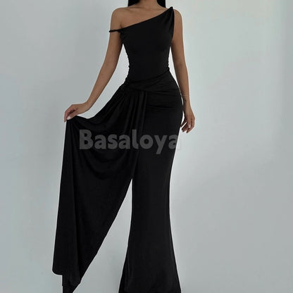 ED0014 Elegant Black one Shoulder Mermaid Evening Dress with Side Overskirt