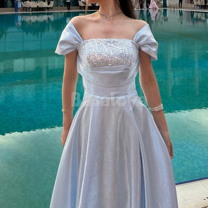 ED0039 Elegant Blue Off-Shoulder A-Line Pleated Long Evening Party Dress