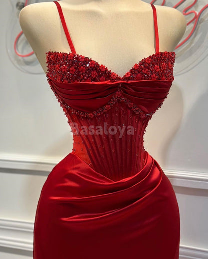 SP0043 Luxury Beaded Burgundy Sweetheart Sheath Satin Prom Dress with Slit