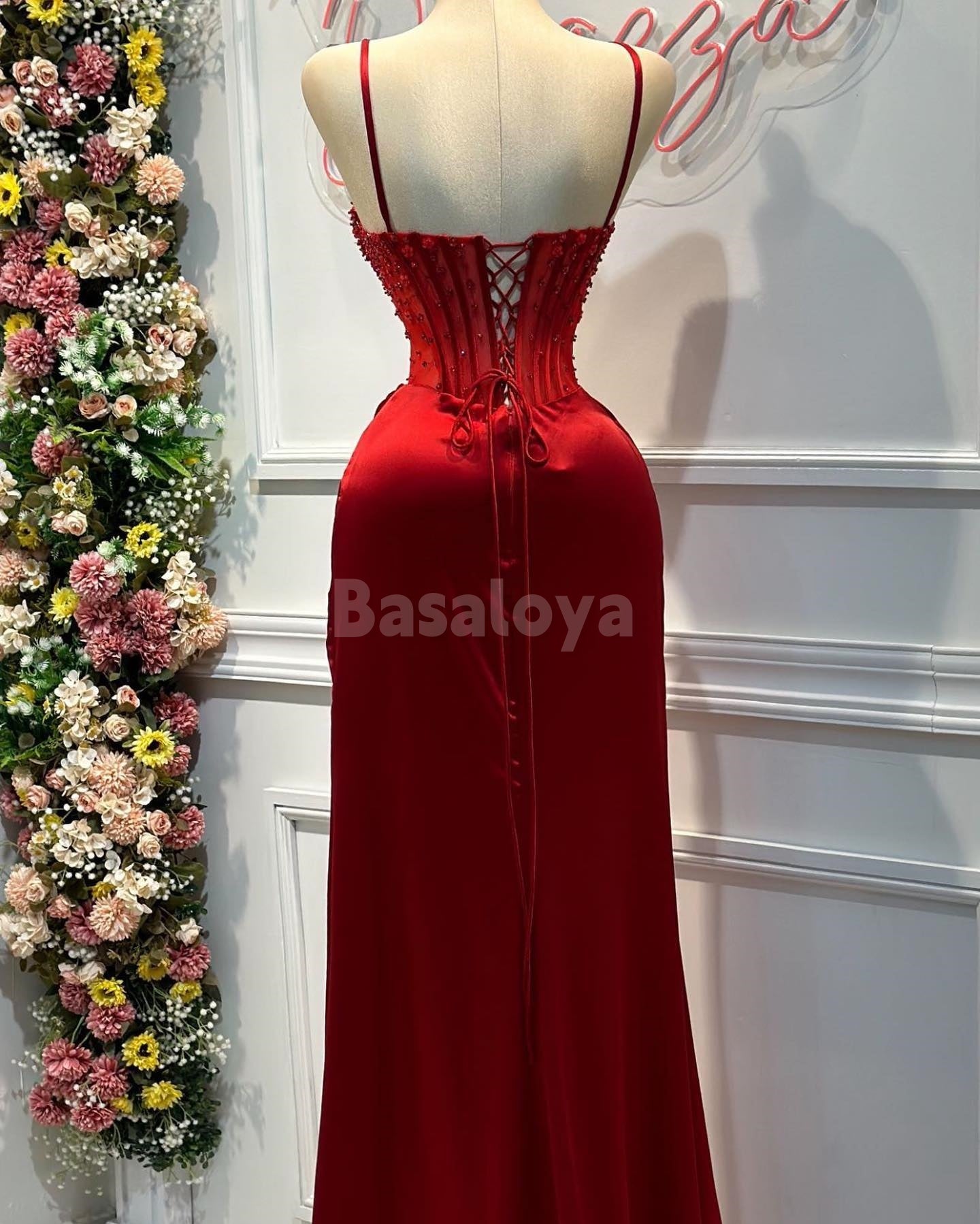 SP0043 Luxury Beaded Burgundy Sweetheart Sheath Satin Prom Dress with Slit