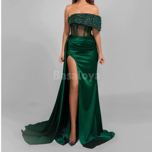 SP0019 Charming Royal Blue Beaded One Shoulder Sheath Satin Prom Dress with Slit