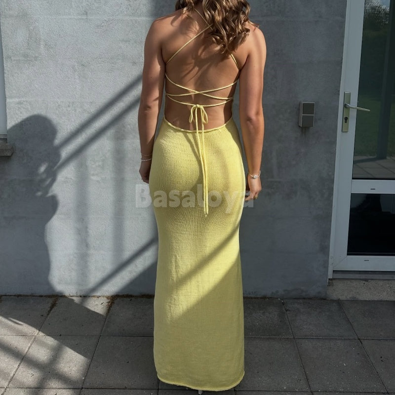 SP0033 Simple Yellow Spaghetti STraps Sheath Knit Prom Dress with Slit
