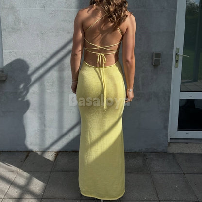 SP0033 Simple Yellow Spaghetti STraps Sheath Knit Prom Dress with Slit