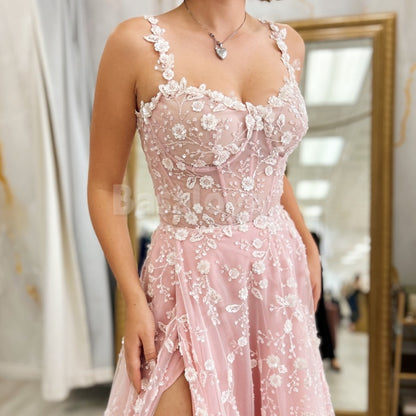 ED0024 Classic Pink Appliques A-Line Straps Pleats Lace Evening Dress