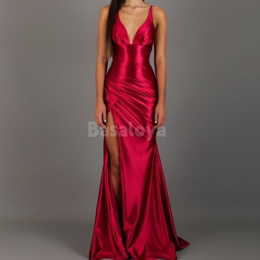 SP0037 Elegant Red V-Neck Straps Mermaid Satin Prom Dress with Slit