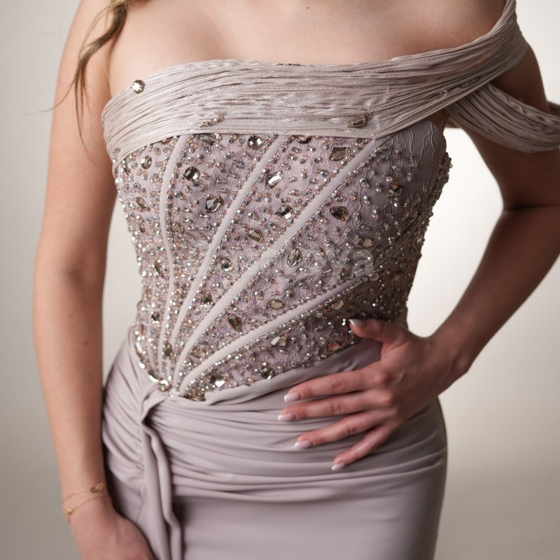 ED0033 Elegant One Shoulder Straight Pleated Evening Dress with Beaded