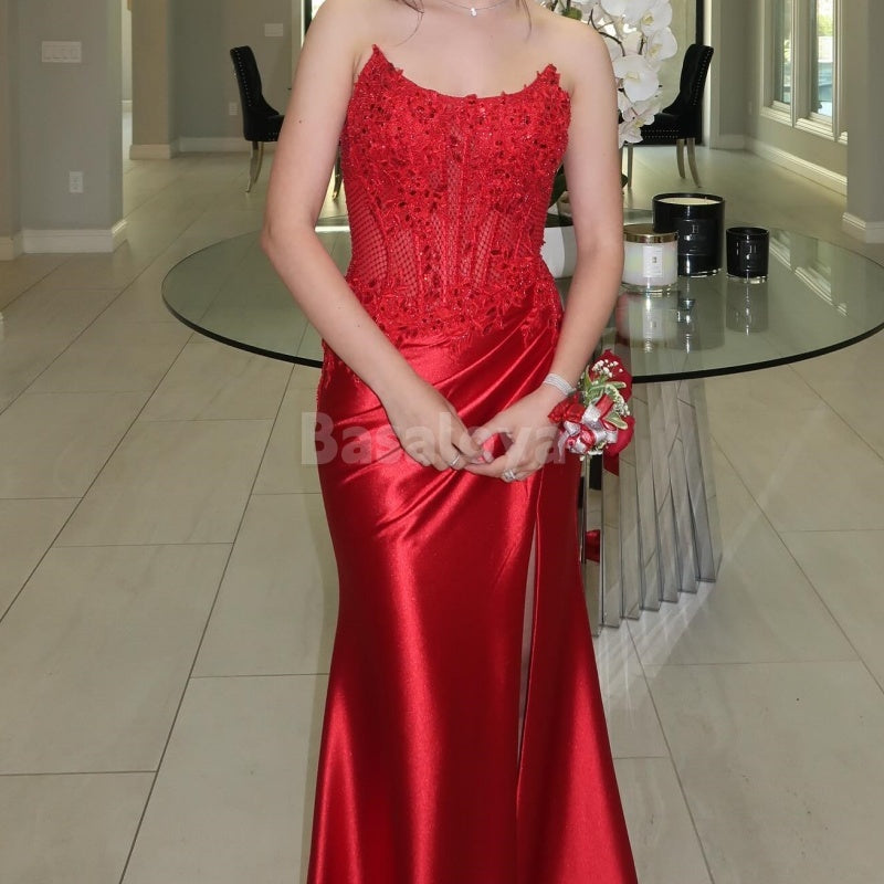 SP0040 Chic Red Strapless Sheath Satin Prom Dress with Appliques
