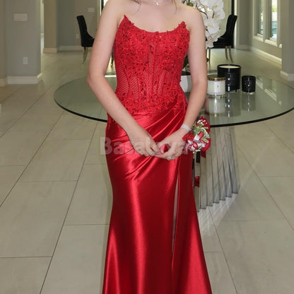 SP0040 Chic Red Strapless Sheath Satin Prom Dress with Appliques