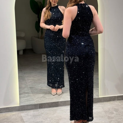 SP0021 Sparkly Black Halter Neck Sequined Sheath Prom Dress Party Gown