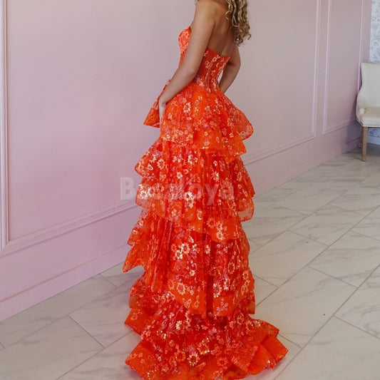 SP0032 Sparkly Orange Sweetheart A-Line Tulle Prom Dress with Slit