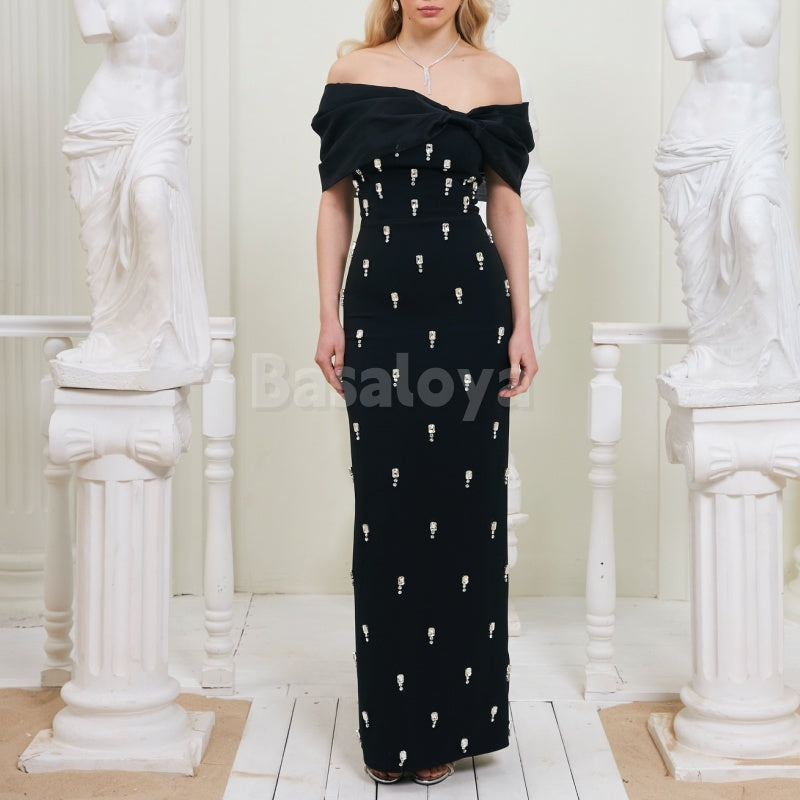 ED0011 Elegant Black Crystal Off-Shoulder Sheath Long Chiffon Evening Dress