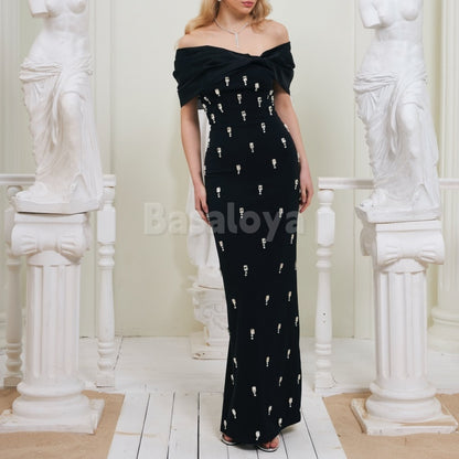 ED0011 Elegant Black Crystal Off-Shoulder Sheath Long Chiffon Evening Dress