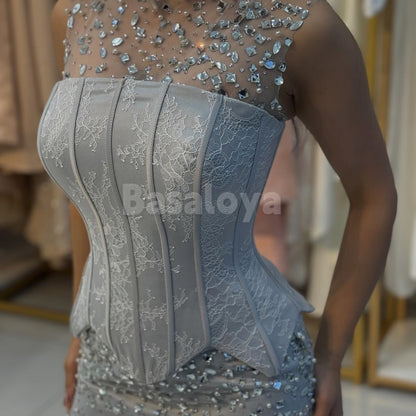 ED0005 Charming Crystal Sleeveless Sheath Lace Evening Dress Formal Gown