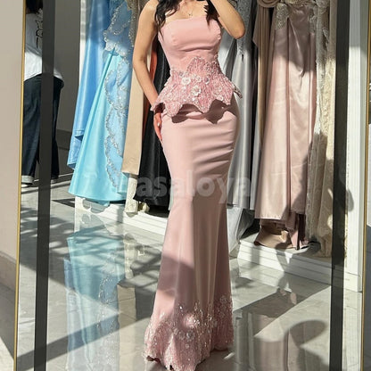 ED0023 Elegant 3D Beaded Floral Pink Strapless Mermaid Evening Dress