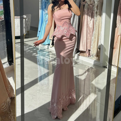 ED0023 Elegant 3D Beaded Floral Pink Strapless Mermaid Evening Dress